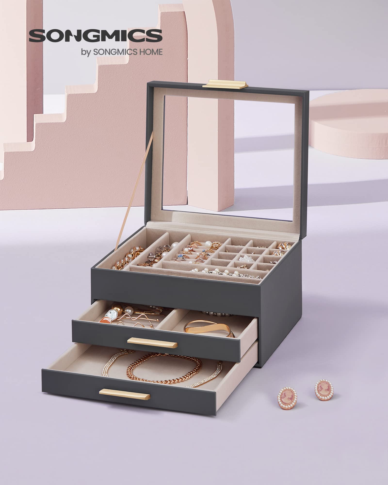 SONGMICS Jewelry Box with Glass Lid, 3-Layer Jewelry Organizer, 2 Drawers, for Big and Small Jewelry, Jewelry Storage, Modern Style, 8 x 9.1 x 5.3 Inches, Cloud White and Gold Color UJBC239WT