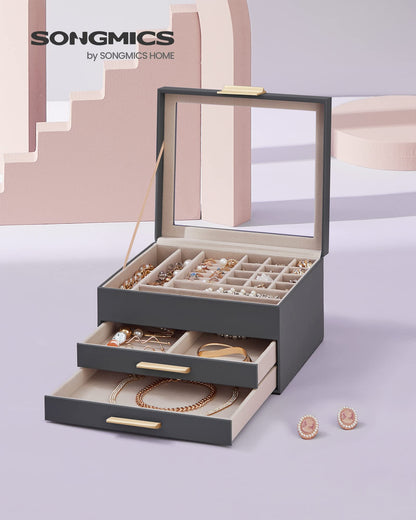 SONGMICS Jewelry Box with Glass Lid, 3-Layer Jewelry Organizer, 2 Drawers, for Big and Small Jewelry, Jewelry Storage, Modern Style, 8 x 9.1 x 5.3 Inches, Cloud White and Gold Color UJBC239WT
