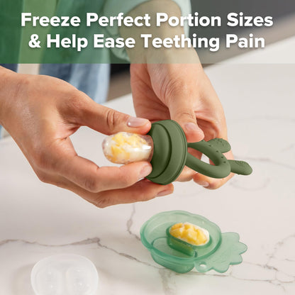 Haakaa Baby Fruit Food Feeder &amp; Mini Freezer Nibble Tray Combo, Breastmilk Popsicle Molds for Cooling Relief, BPA Free Silicone Feeder for Safe Infant Self Feeding, 4 Month+ (Pea Green)