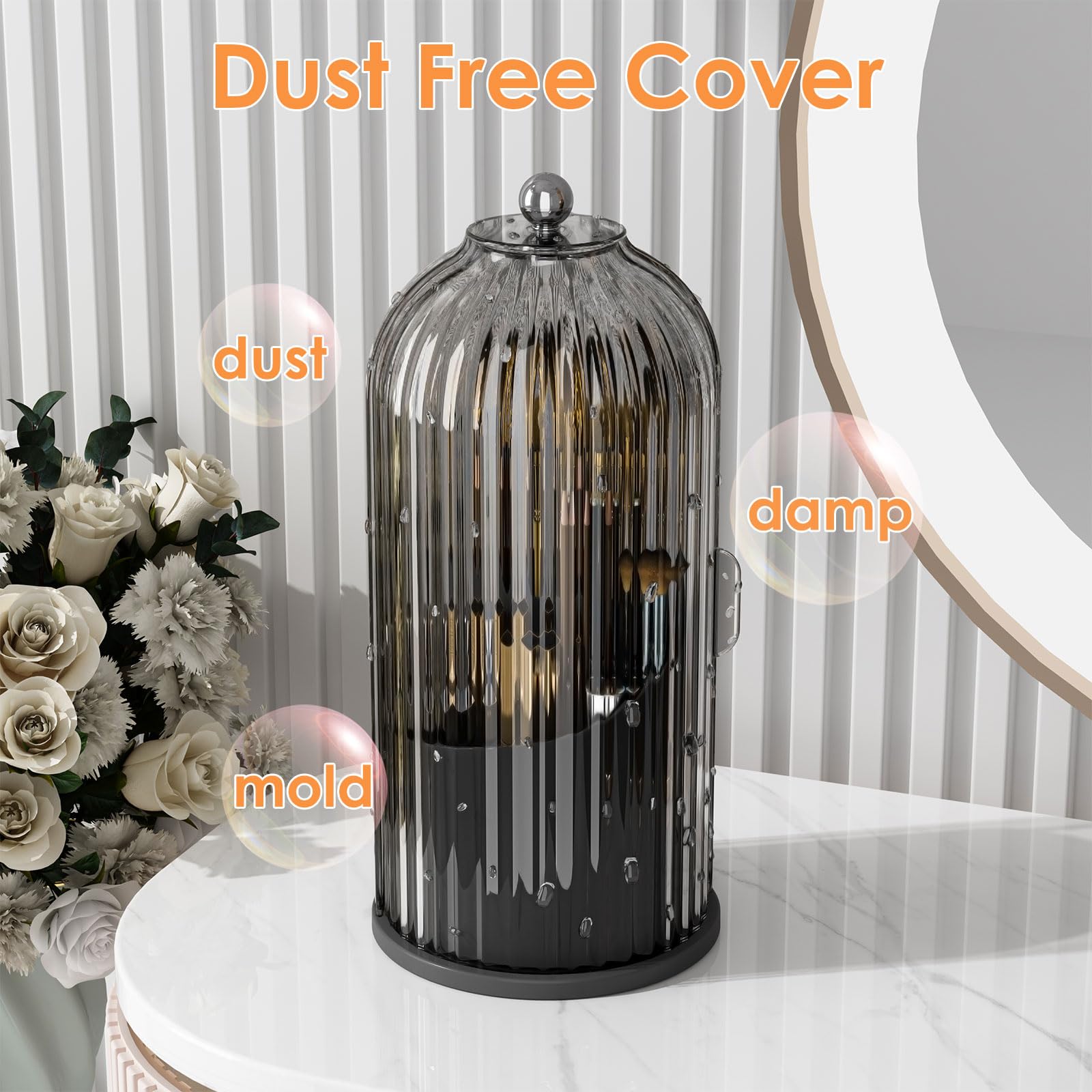 Makeup Brush Holder Organizer with Lid,360 Rotating Clear Dustproof Makeup Brushes Organizer for Vanity Desktop Bathroom Countertop (Transparent)