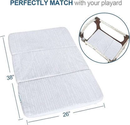 Pack and Play Mattress Pad 38&quot; x 26&quot; Foldable Style, Breathable Soft Viscose Made from Bamboo Surface, Portable Trifold Playard Mattress Pad Topper, Baby Foam Playpen Mattresses Pad for Boys Girls