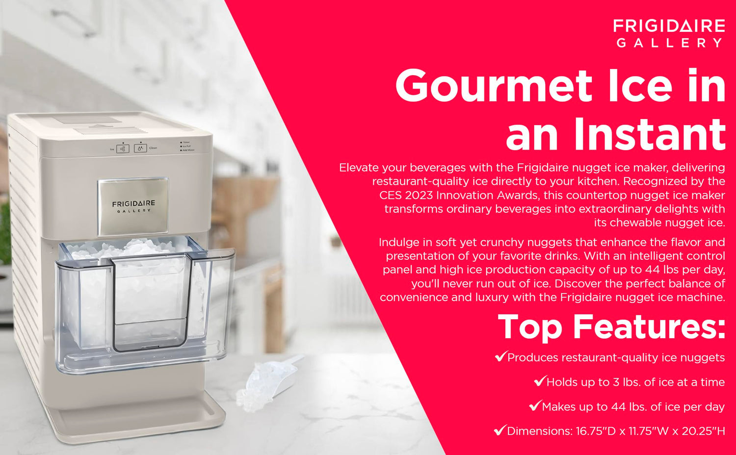 Frigidaire Nugget Ice Maker, Countertop Ice Machine with Transparent Window, Sonic Ice Maker with 44 lbs. Capacity, Auto Self Cleaning Ice Maker Machine, 2.0 Gen, Cream - 16.75D x 11.75W x 20.25H