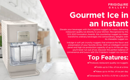 Frigidaire Nugget Ice Maker, Countertop Ice Machine with Transparent Window, Sonic Ice Maker with 44 lbs. Capacity, Auto Self Cleaning Ice Maker Machine, 2.0 Gen, Cream - 16.75D x 11.75W x 20.25H