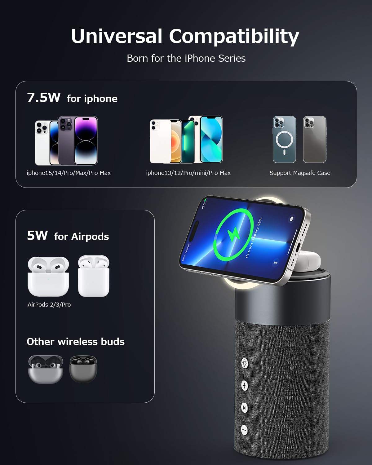 COLSUR Bluetooth Speaker, Magnetic Wireless Charger, Bluetooth Speakers with Night Light, 2 in 1 Wireless Charging Station for iPhone 16/15/14/13/12 Series, AirPods Pro/3/2（Gift Ideal）