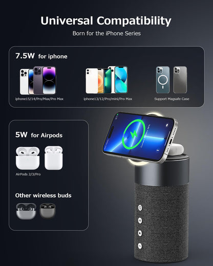 COLSUR Bluetooth Speaker, Magnetic Wireless Charger, Bluetooth Speakers with Night Light, 2 in 1 Wireless Charging Station for iPhone 16/15/14/13/12 Series, AirPods Pro/3/2（Gift Ideal）