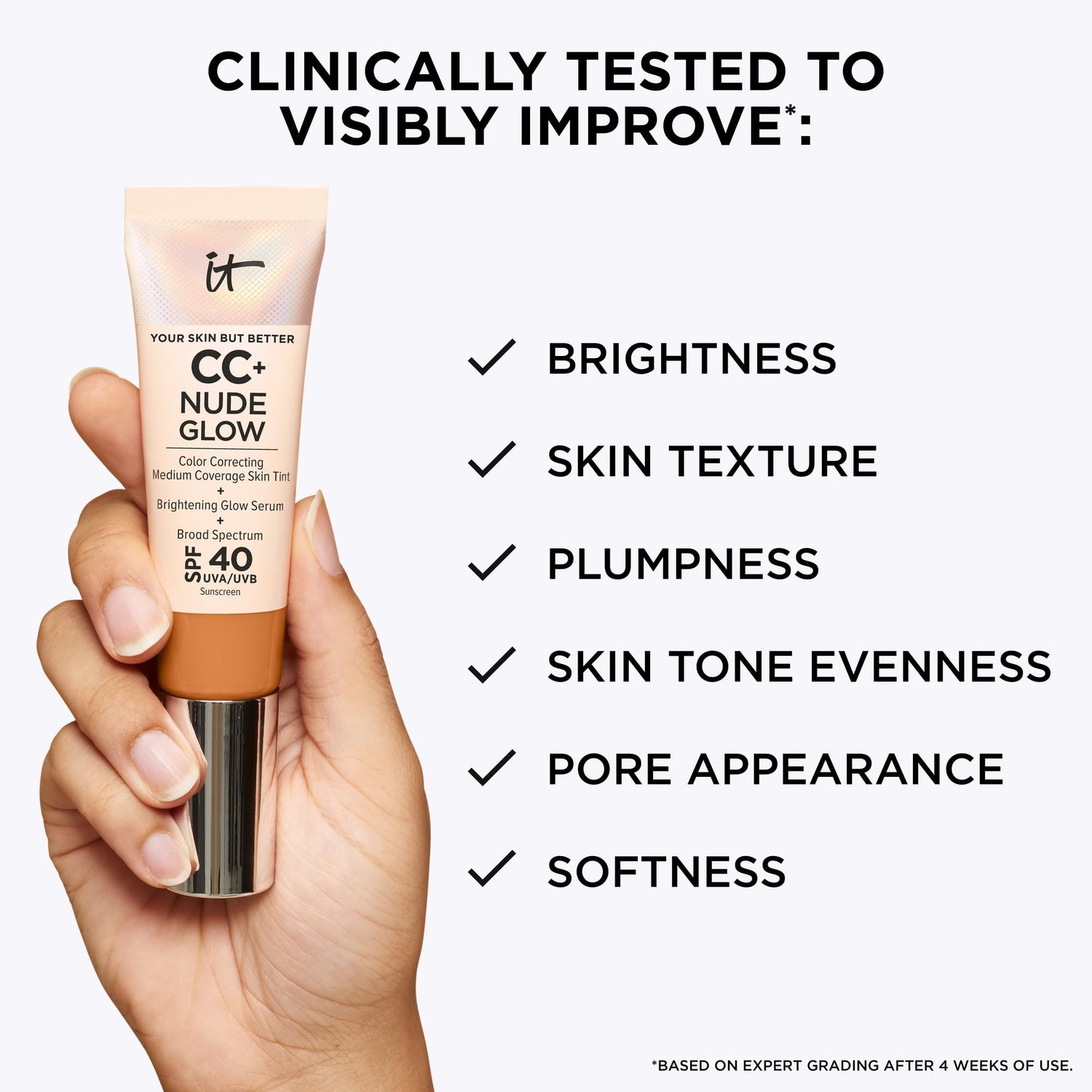 IT Cosmetics CC+ Nude Glow Lightweight Foundation + Glow Serum with SPF 40 - With Niacinamide, Hyaluronic Acid &amp; Green Tea Extract - 1.08 fl oz