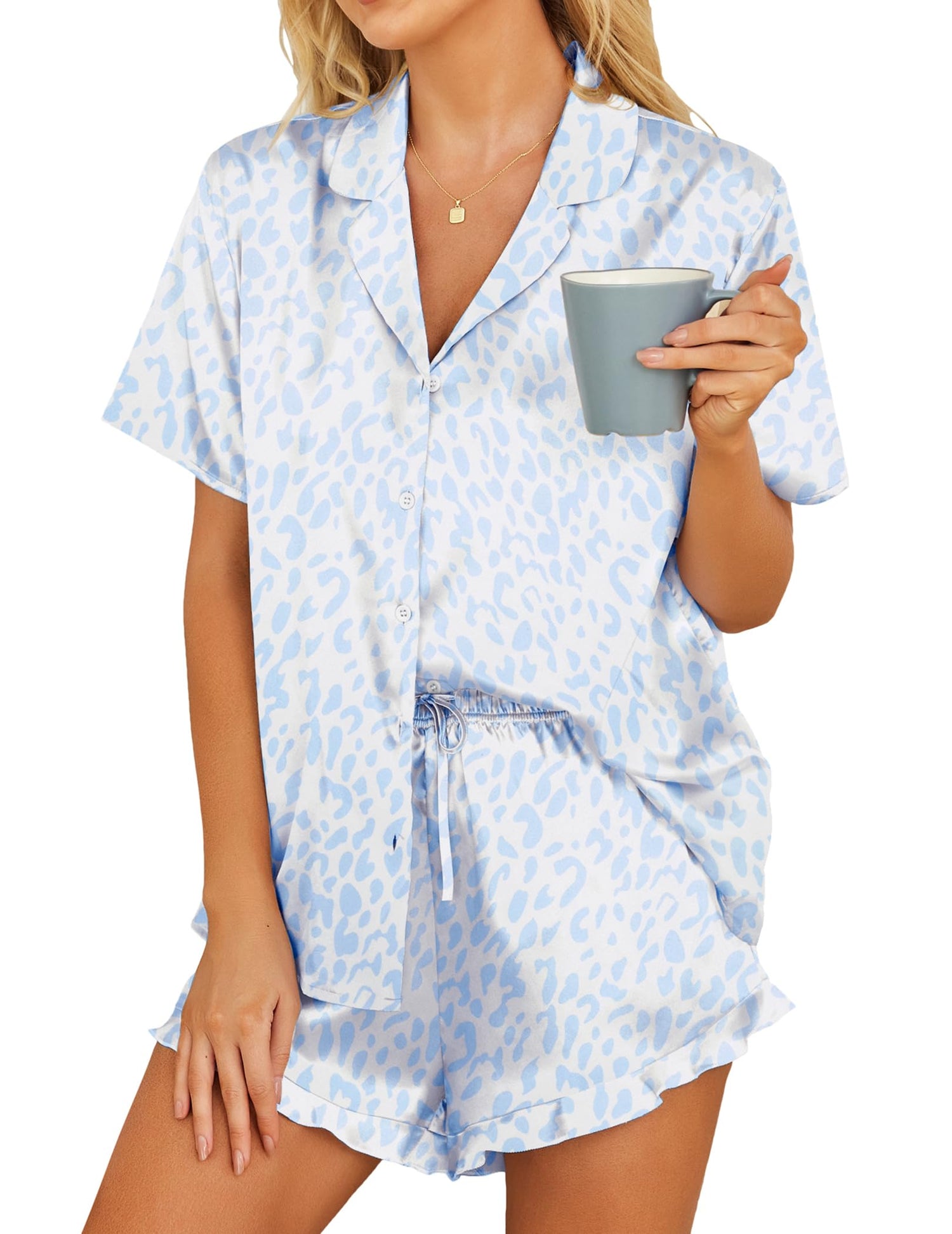 HOTOUCH Womens Satin Pajamas Set Button Down 2 Piece Silk Pjs Shorts Set Ruffle Lingerie Notch Collar Sleepwear