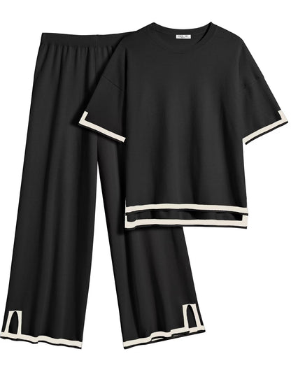 Ekouaer Lounge Set for Women 2 Piece Sets Loungewear Set Outfits Knit Sweater Sets Wide Leg Long Pants Pajama Set