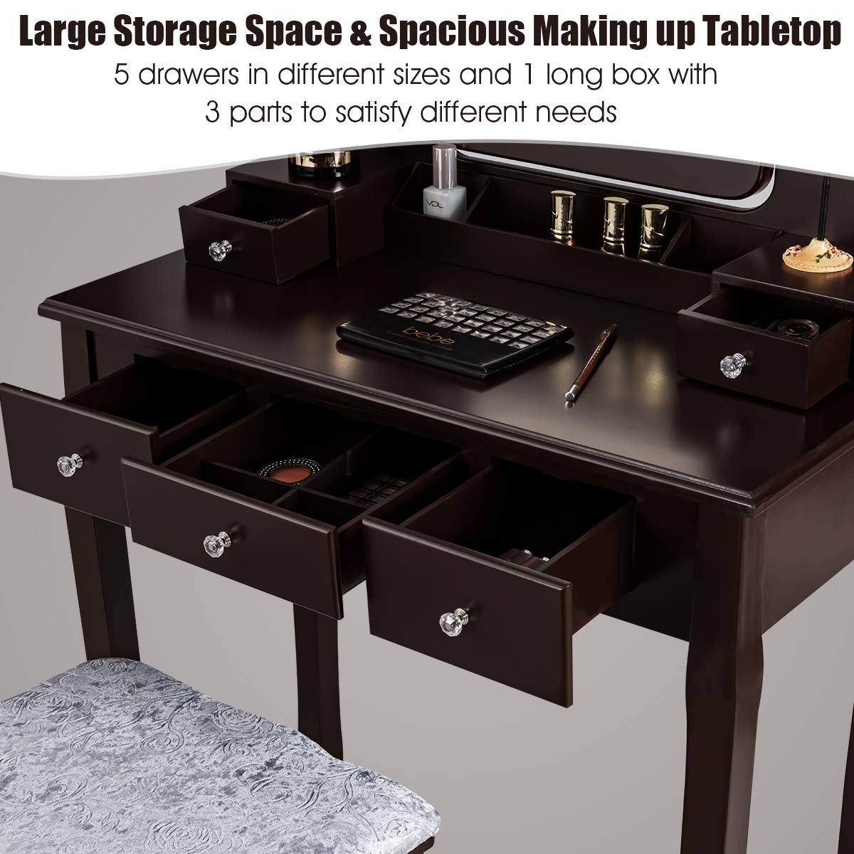DORTALA Vanity Table Set with 360° Mirror &amp; Cushioned Stool, Makeup Table with 10 LED Dimmable Bulbs, Bedroom Wood Dressing Table with 5 Drawers and Removable Box Organizer, Gift for Females (White)