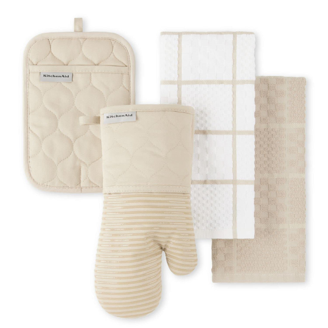 KITCHENAID Quilted Cotton Terry Cloth Oven Mitt, Pot Holder, Kitchen Towel 4-Pack Set, Heat Resistant, Silicone Grip, Gift Set, Milkshake, 16&quot;x26&quot;, 7&quot;x13&quot; &amp; 7&quot;x10&quot;