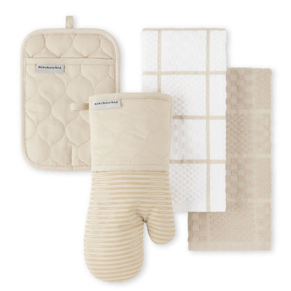 KITCHENAID Quilted Cotton Terry Cloth Oven Mitt, Pot Holder, Kitchen Towel 4-Pack Set, Heat Resistant, Silicone Grip, Gift Set, Milkshake, 16&quot;x26&quot;, 7&quot;x13&quot; &amp; 7&quot;x10&quot;