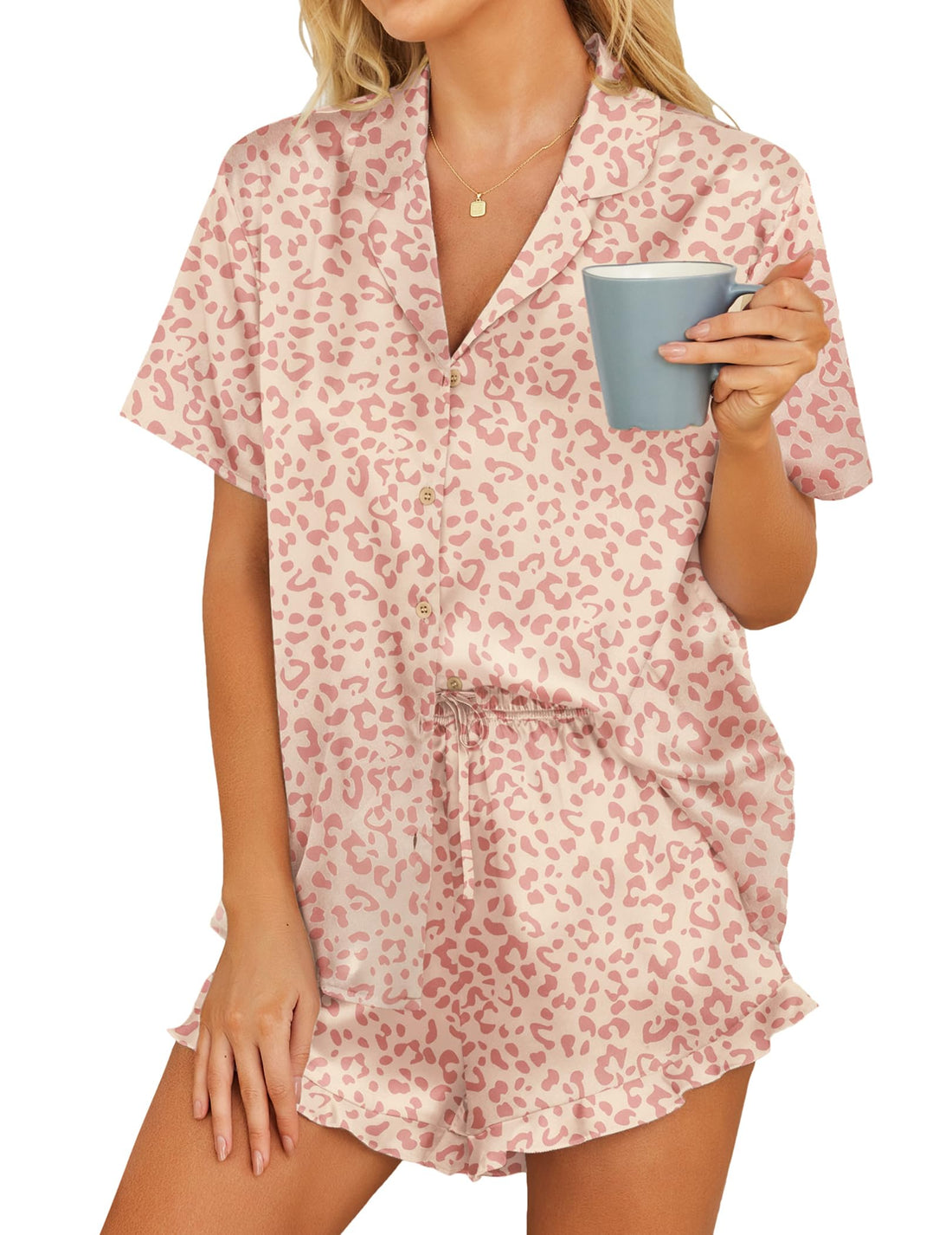 HOTOUCH Womens Satin Pajamas Set Button Down 2 Piece Silk Pjs Shorts Set Ruffle Lingerie Notch Collar Sleepwear