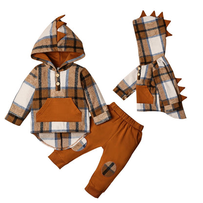 Toddler Baby Boy Clothes Long Sleeve Dinosaur Plaid Hoodie Sweatshirt + Pocket Pants Set 6 Months-4 Years
