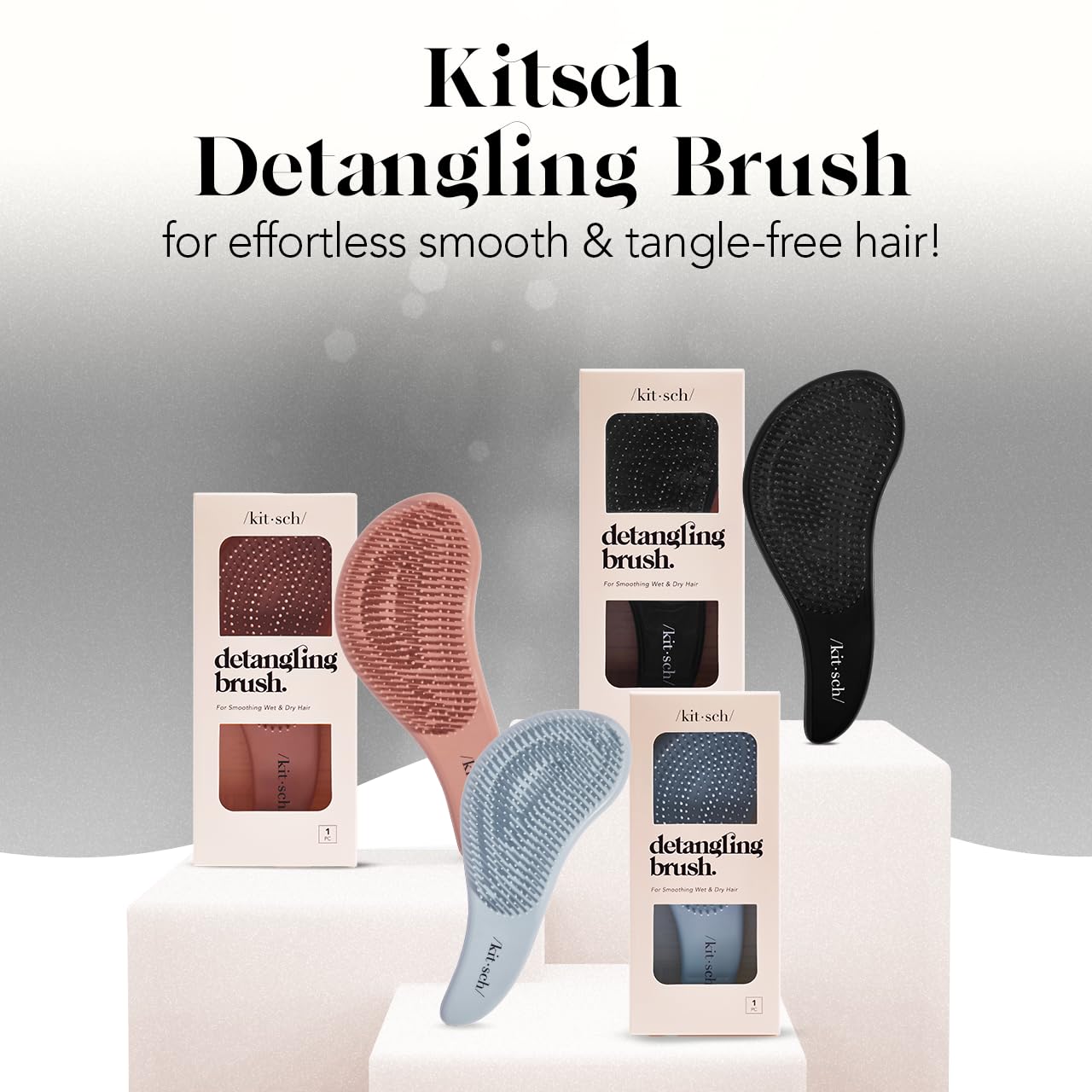 Kitsch Detangler Brush for Curly, Straight, Wet and Dry Hair - No Pain Hair Detangler Brush with Flexible Bristles, Easy-to-Hold, Shower &amp; Travel Hair Brush for Adults and Kids - Black