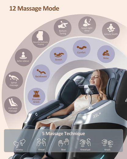 RELX Massage Chair Full Body Zero Gravity SL-Track Shiatsu Massage Chair, 12 Modes, Airbag Massage, with Yoga Stretch, Foot Massage, AI Control (Cream)