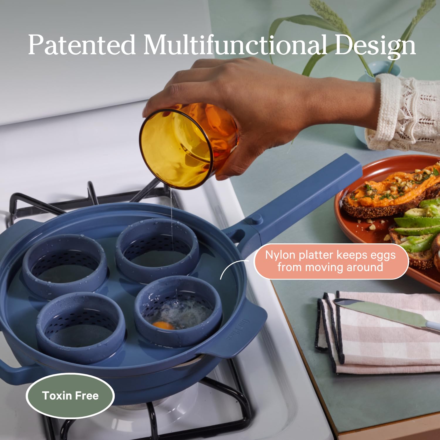 Our Place Silicone Egg Poacher Add-On - Easy-Use Poaching Set | Fail-Proof Water Bath Design | Includes Sturdy Nylon Platter &amp; Perforated Cups | BPA-Free, Dishwasher Safe | Blue Salt