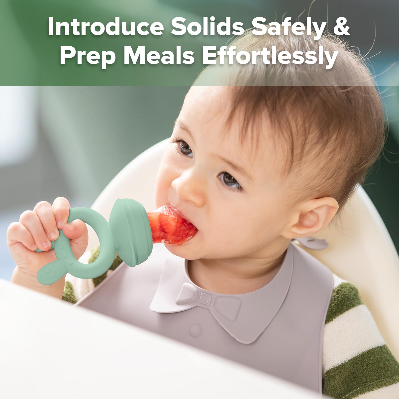 Haakaa Baby Fruit Food Feeder &amp; Mini Freezer Nibble Tray Combo, Breastmilk Popsicle Molds for Cooling Relief, BPA Free Silicone Feeder for Safe Infant Self Feeding, 4 Month+ (Pea Green)