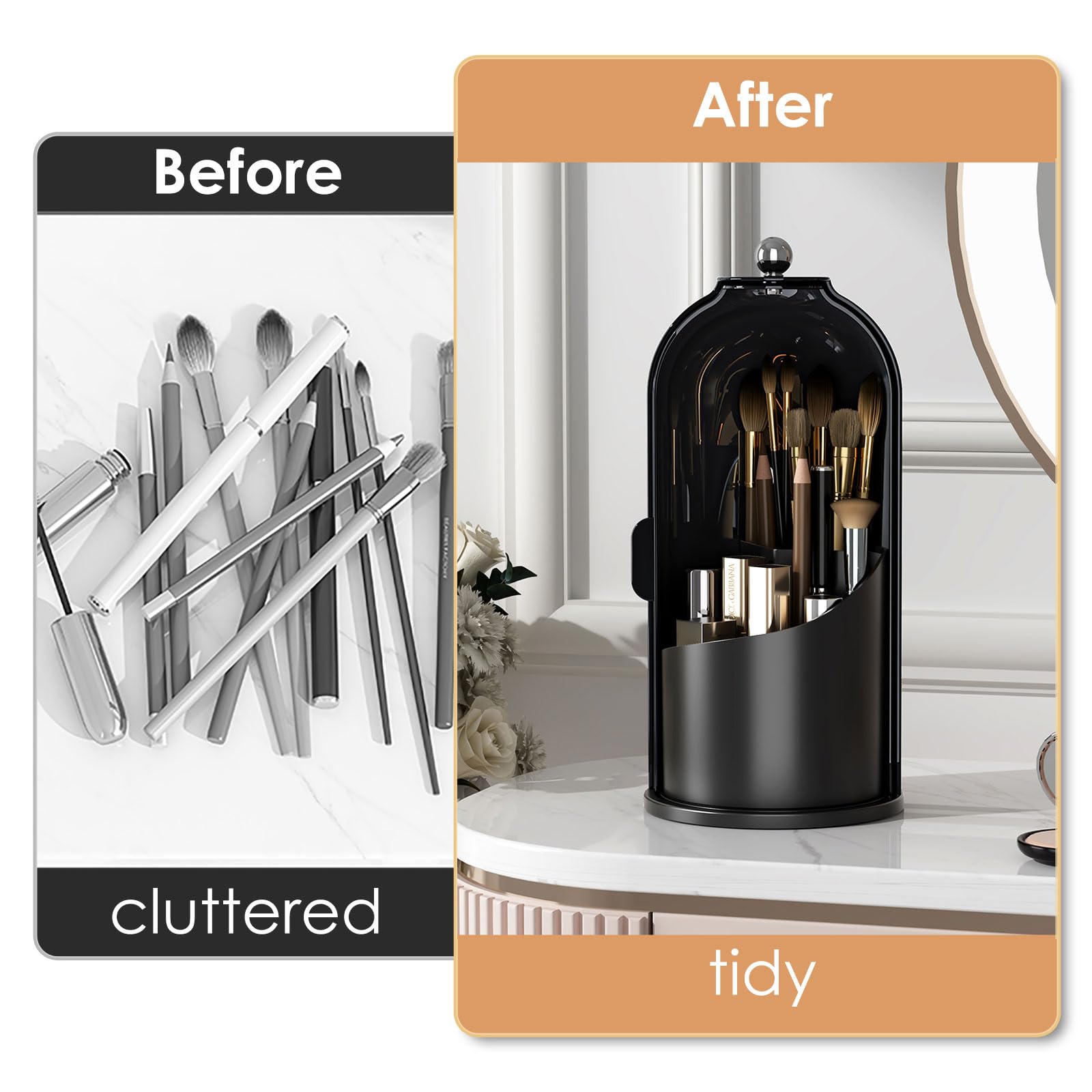Makeup Brush Holder Organizer with Lid,360 Rotating Clear Dustproof Makeup Brushes Organizer for Vanity Desktop Bathroom Countertop (Transparent)