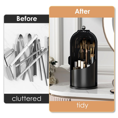 Makeup Brush Holder Organizer with Lid,360 Rotating Clear Dustproof Makeup Brushes Organizer for Vanity Desktop Bathroom Countertop (Transparent)