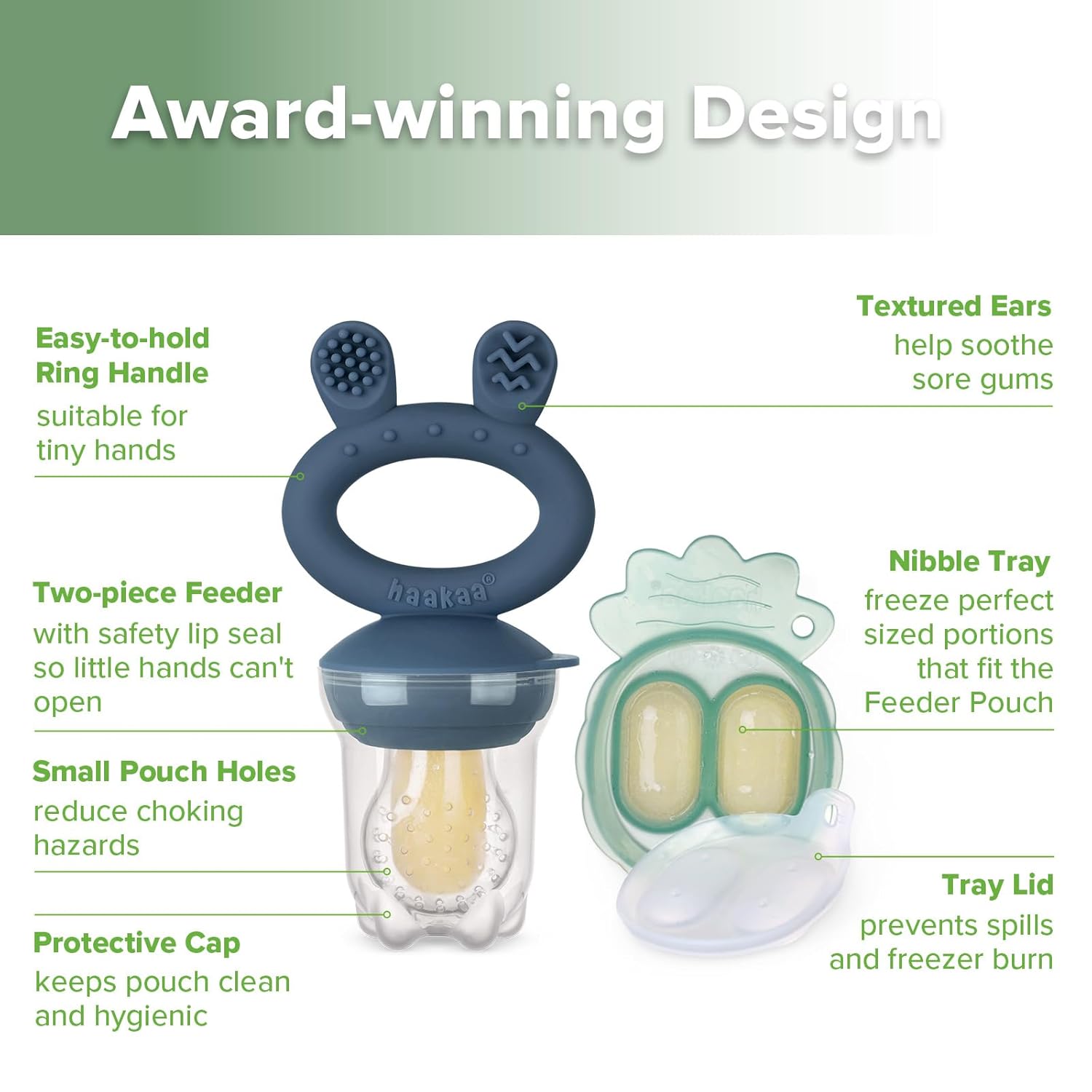 Haakaa Baby Fruit Food Feeder &amp; Mini Freezer Nibble Tray Combo, Breastmilk Popsicle Molds for Cooling Relief, BPA Free Silicone Feeder for Safe Infant Self Feeding, 4 Month+ (Pea Green)