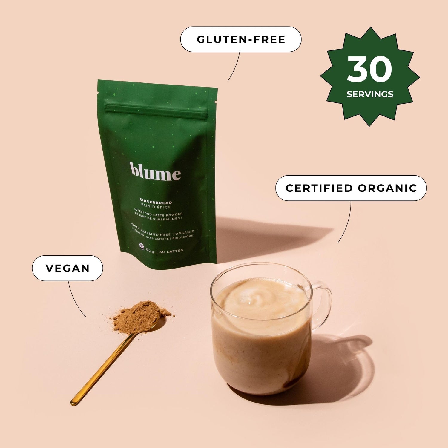 Blume Rose London Fog Latte with Zero Sugar or Caffeine - Certified Organic, Vegan and Gluten-Free - Tart Cherry &amp; Rosehips blend rich Antioxidant &amp; Vitamin to Ease Bloating and Boost Your Natural Glow - 30 Servings
