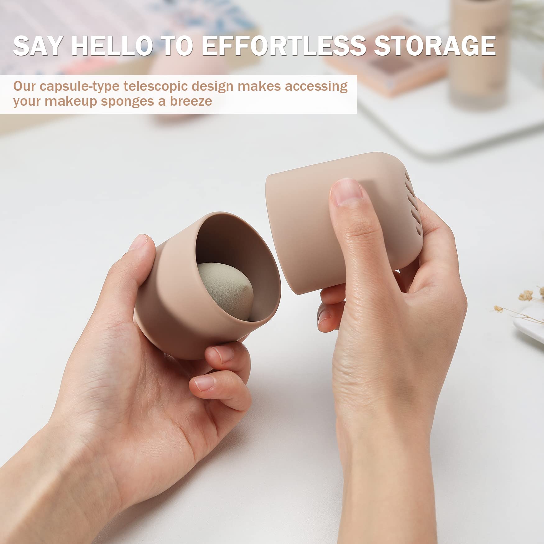 BEZOX Makeup Sponge Holder, Silicone Beauty Sponge Case with Double-Sided Vent Design for Quick Drying, Compact Travel Essentials Make Up Blender Container - Khaki