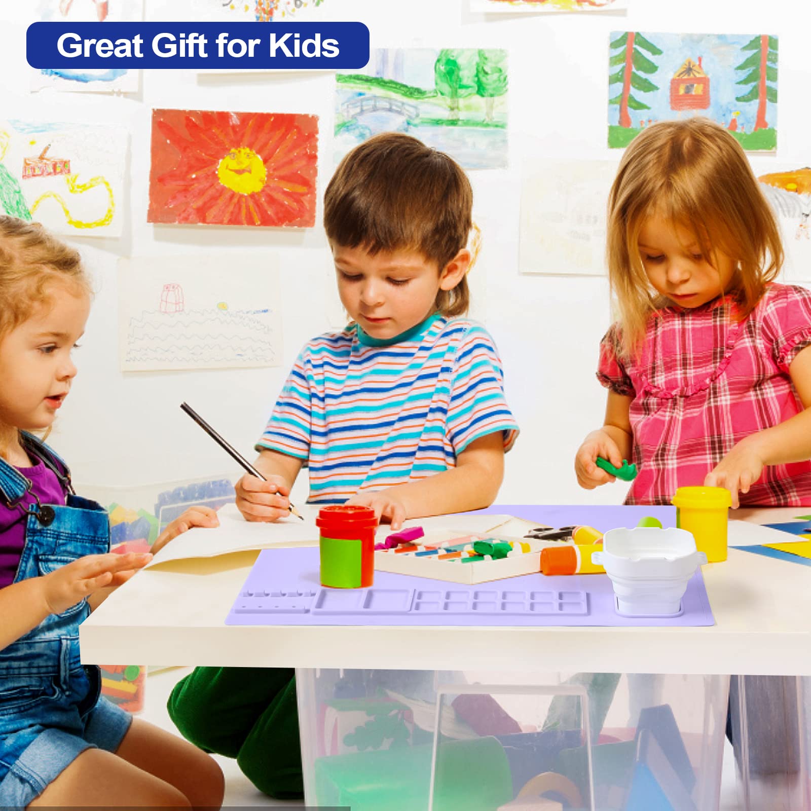 AWOKE Silicone Painting Mat - 20&quot;X16&quot; Silicone Art Mat with 1 Water Cup for Kids - Silcone Craft Mat has12 Color Dividers - 2 Paint Dividers (White)