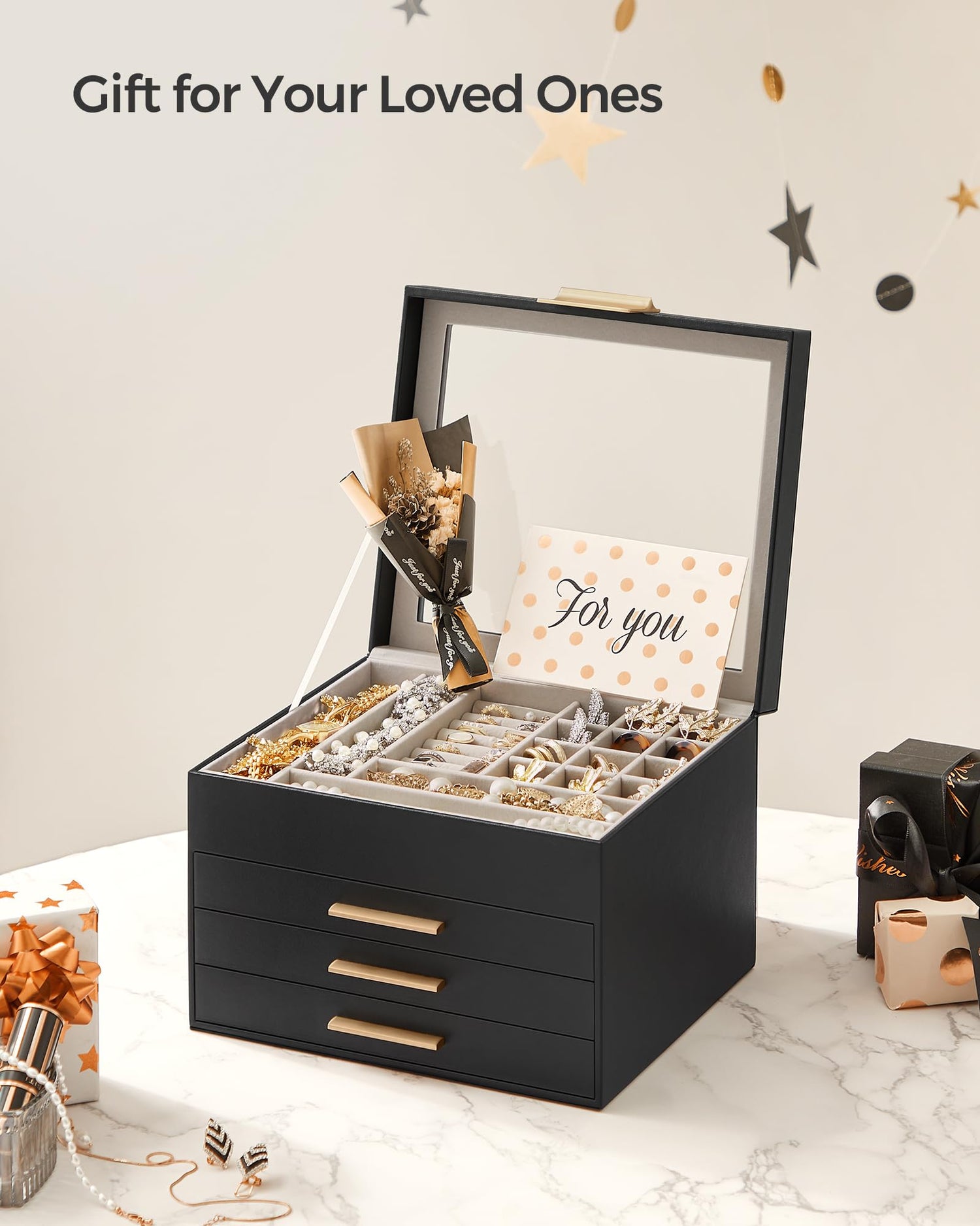 SONGMICS Jewelry Box with Glass Lid, 3-Layer Jewelry Organizer, 2 Drawers, for Big and Small Jewelry, Jewelry Storage, Modern Style, 8 x 9.1 x 5.3 Inches, Cloud White and Gold Color UJBC239WT