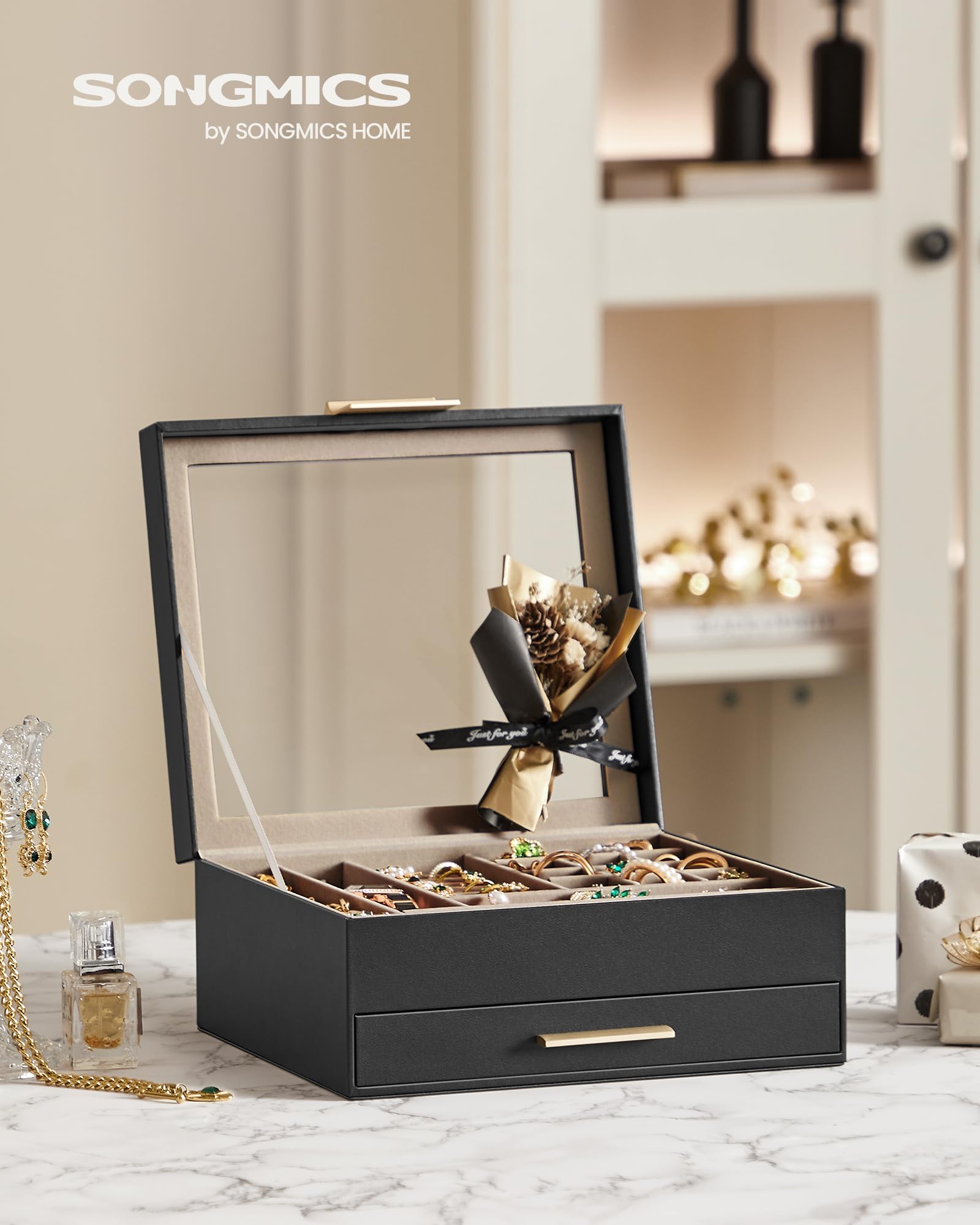 SONGMICS Jewelry Box with Glass Lid, 3-Layer Jewelry Organizer, 2 Drawers, for Big and Small Jewelry, Jewelry Storage, Modern Style, 8 x 9.1 x 5.3 Inches, Cloud White and Gold Color UJBC239WT