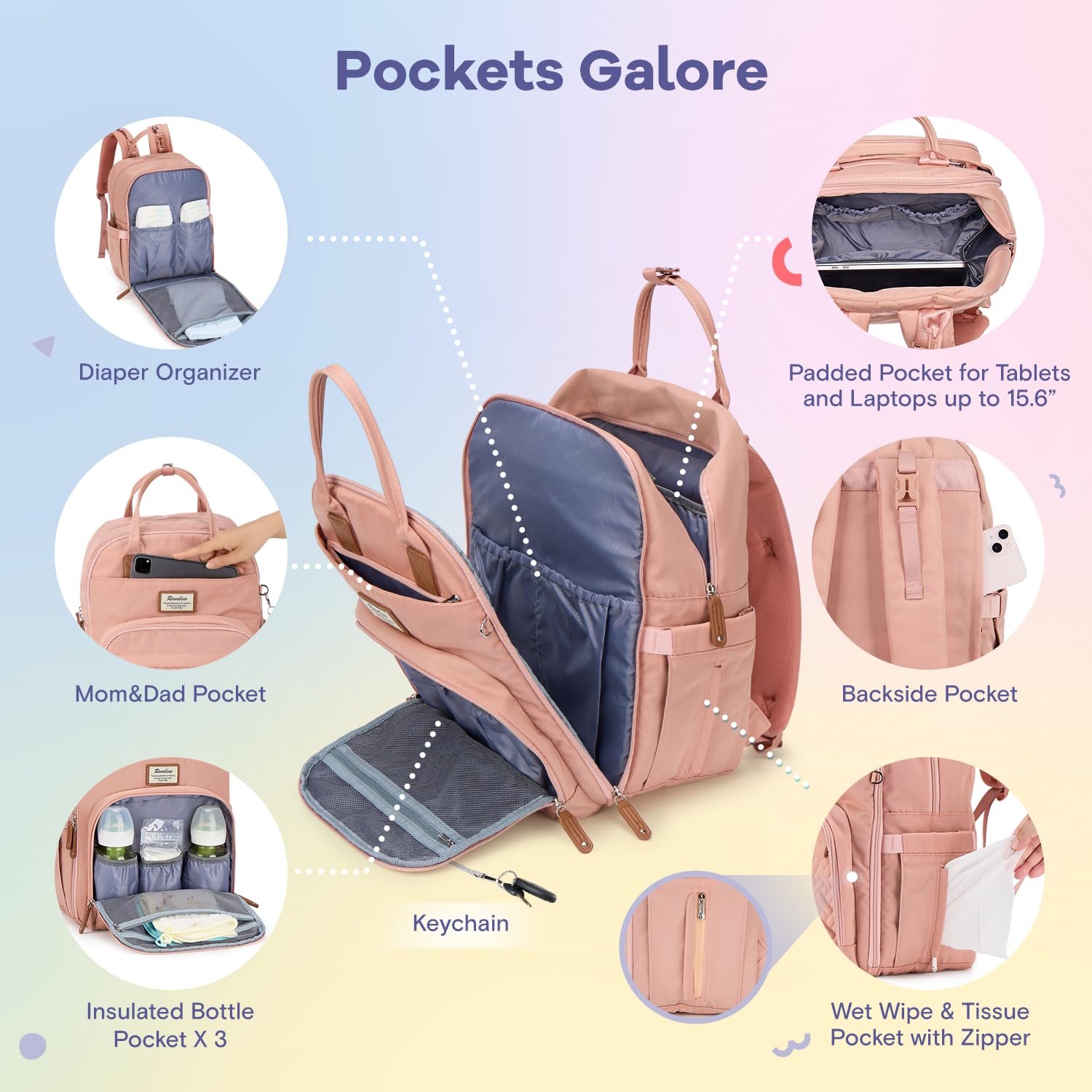 RUVALINO Diaper Bag Backpack, Multifunction Travel Pack Maternity Baby Changing Bags, Large Capacity, Waterproof, Beige