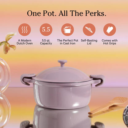 Our Place Cast Iron Perfect Pot | 6-in-1 Multifunctional 5.5 Qt. Toxin-Free Enameled Dutch Oven with Self-Basting Lid | Hot Grips &amp; Beechwood Scraper | Induction Cooktop and Oven Safe | Spice