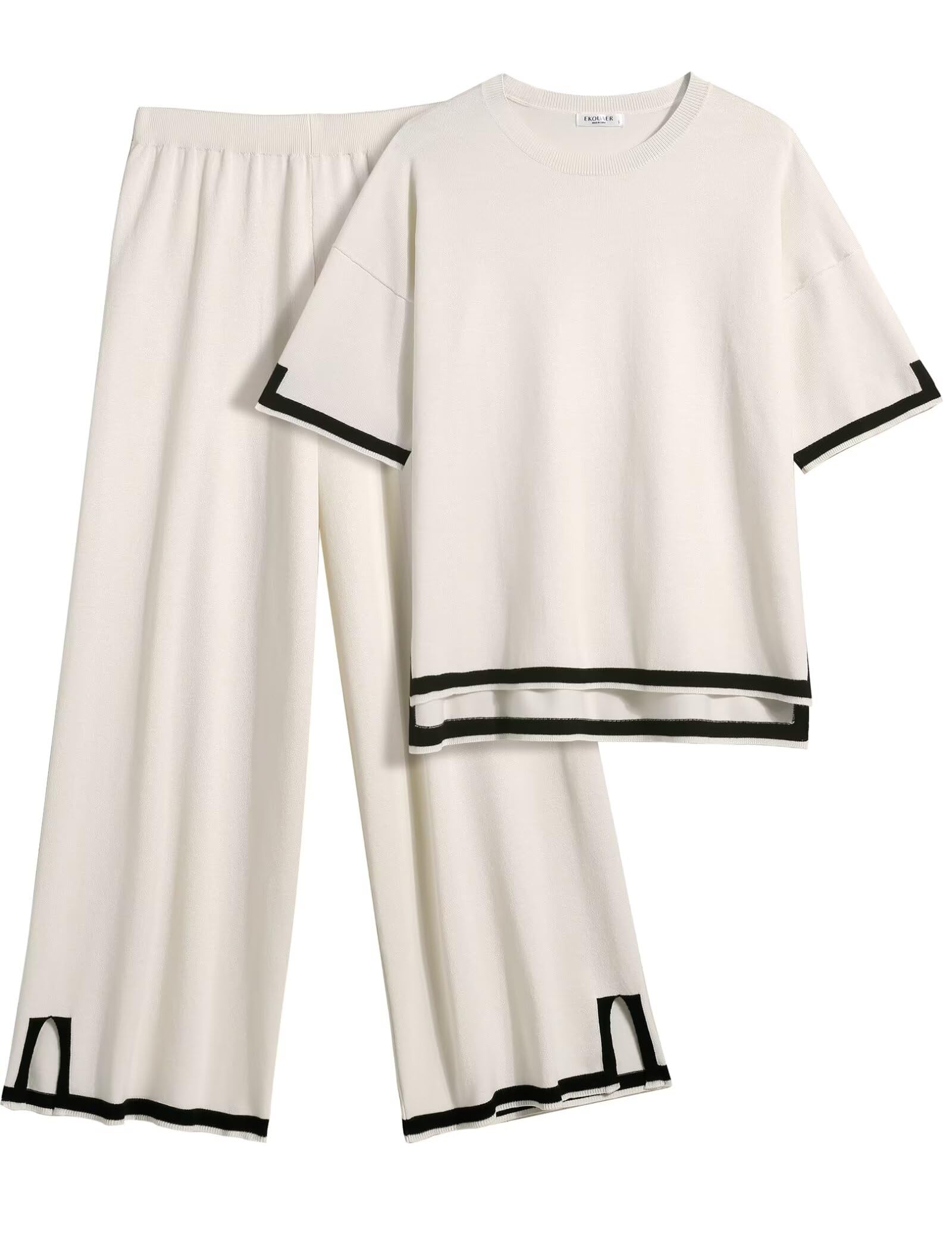 Ekouaer Lounge Set for Women 2 Piece Sets Loungewear Set Outfits Knit Sweater Sets Wide Leg Long Pants Pajama Set