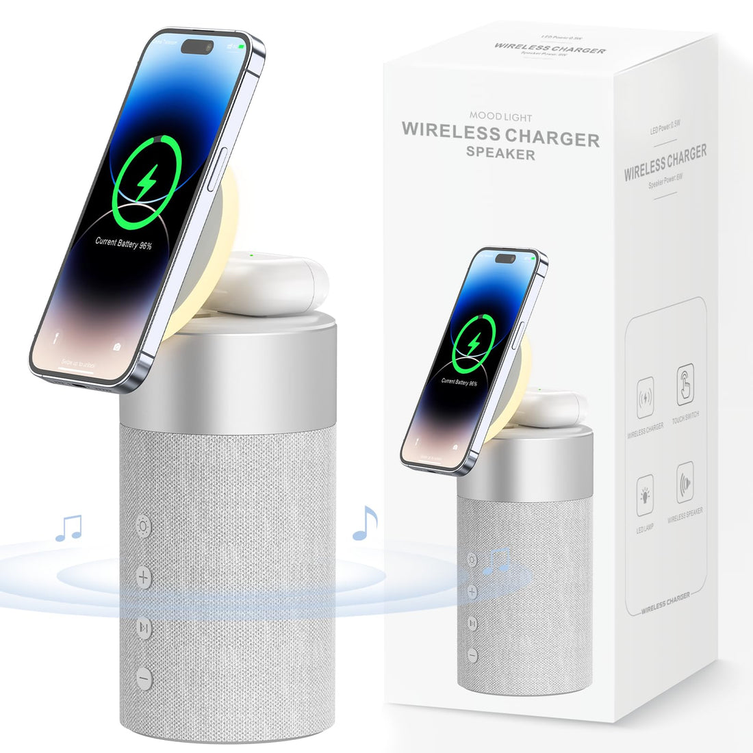 COLSUR Bluetooth Speaker, Magnetic Wireless Charger, Bluetooth Speakers with Night Light, 2 in 1 Wireless Charging Station for iPhone 16/15/14/13/12 Series, AirPods Pro/3/2（Gift Ideal）