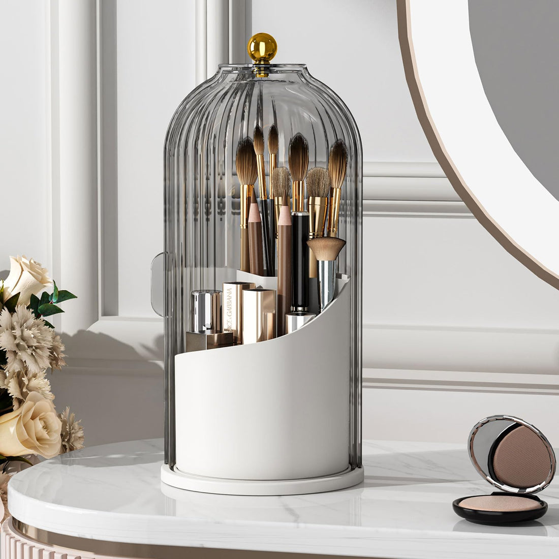 Makeup Brush Holder Organizer with Lid,360 Rotating Clear Dustproof Makeup Brushes Organizer for Vanity Desktop Bathroom Countertop (Transparent)