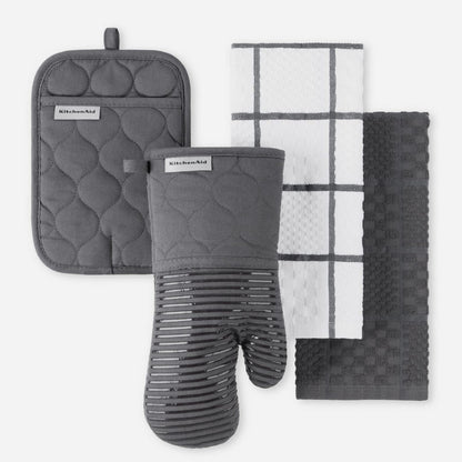 KITCHENAID Quilted Cotton Terry Cloth Oven Mitt, Pot Holder, Kitchen Towel 4-Pack Set, Heat Resistant, Silicone Grip, Gift Set, Milkshake, 16&quot;x26&quot;, 7&quot;x13&quot; &amp; 7&quot;x10&quot;