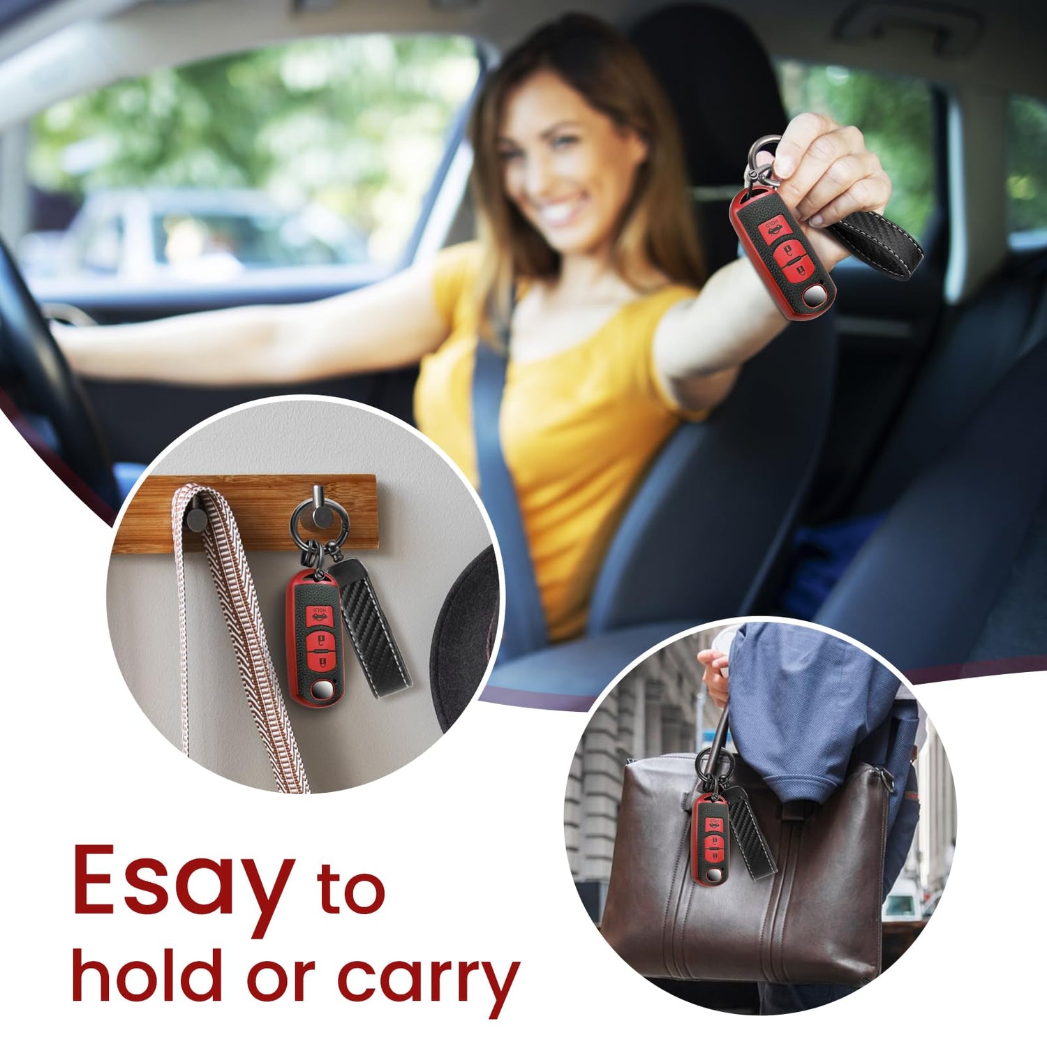 Cadillac Key Fob Cover with Metal Braided Rope Keychain, Upgraded Soft Key Case for 2015-2019 Escalade CTS SRX XT5 ATS STS CT6 (5 Button) (Gold Edge)