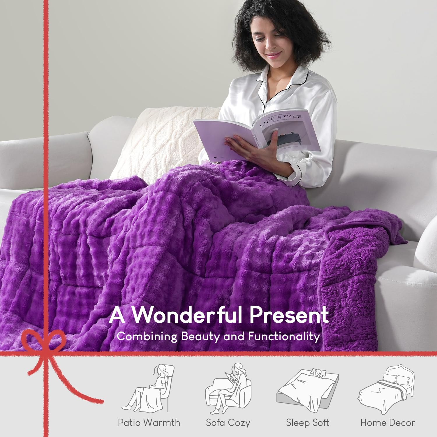 Cottonblue Weighted Blanket 15lbs Bubble Faux Fur Plush Sherpa Weighted Blankets for Adults, Fits Queen Size Bed, Cute Fuzzy Warm Heavy Blanket for Calm and Better Sleep, 60&quot;x80&quot;, Cream White