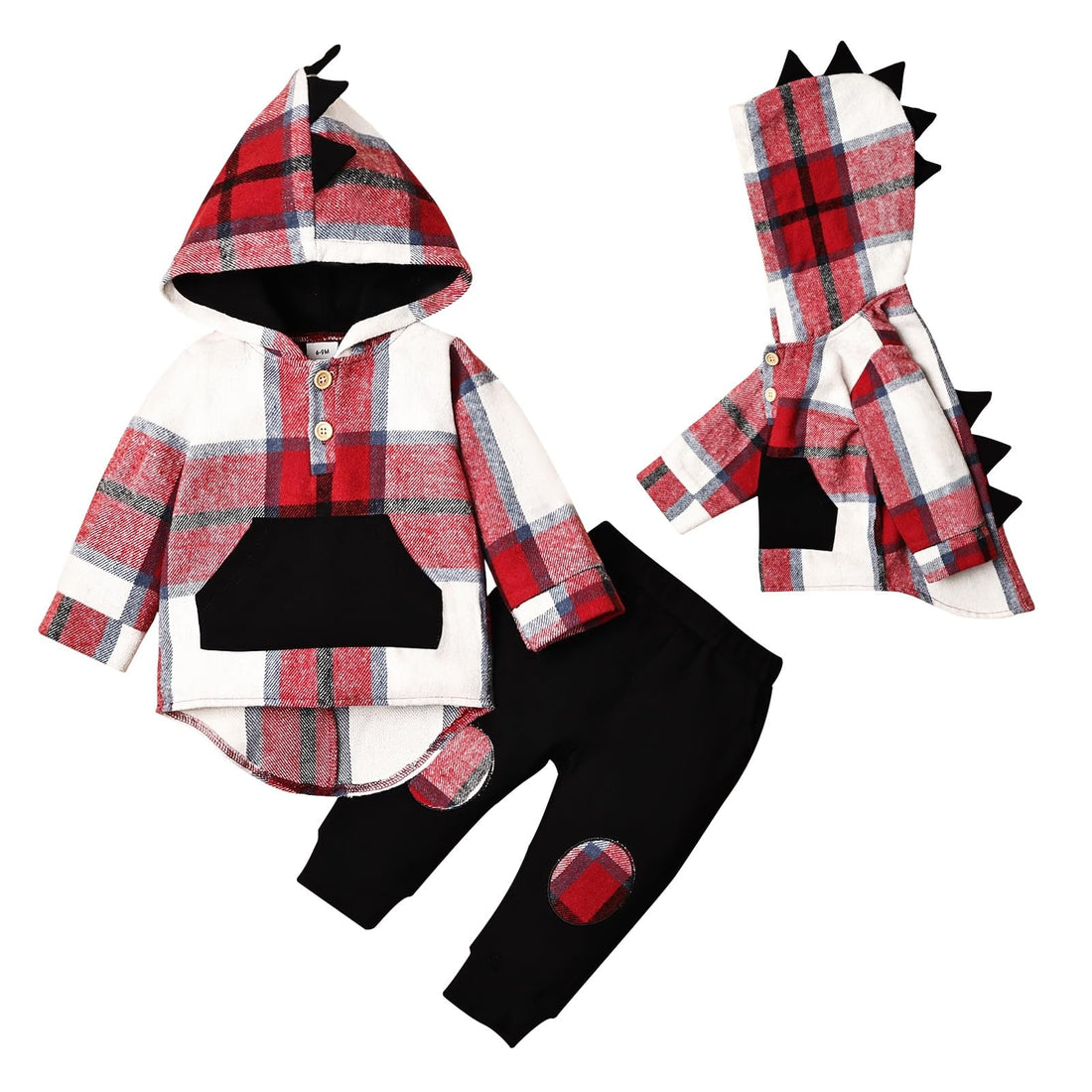 Toddler Baby Boy Clothes Long Sleeve Dinosaur Plaid Hoodie Sweatshirt + Pocket Pants Set 6 Months-4 Years