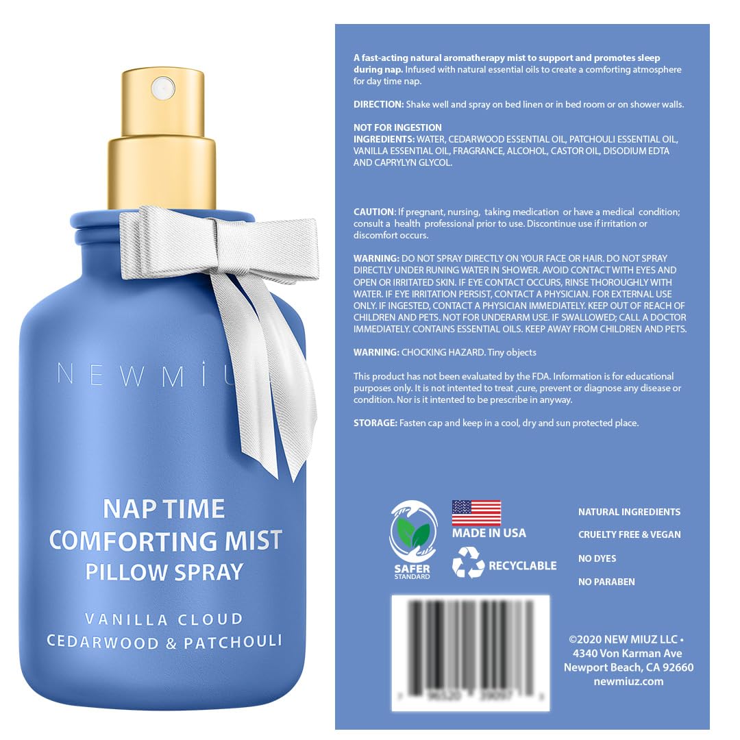 Nap Time Pillow Spray - Vanilla Cedarwood Essential Oils Natural - Fast Acting Aromatherapy Mist for Restful Sleep Relaxation Calming Stress Relief - Bedtime &amp; Shower Spray Luxury Self care Gift