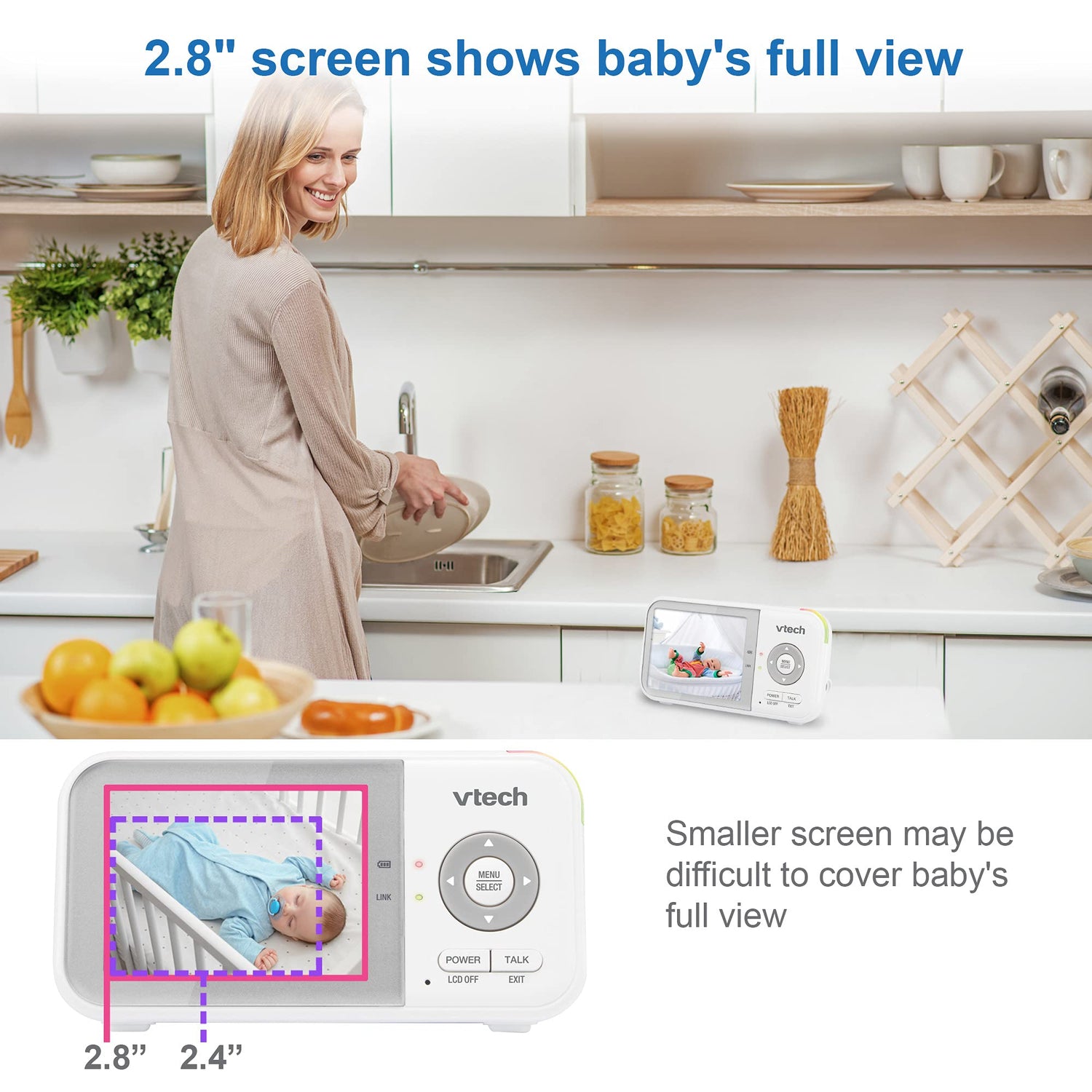 VTech VM819 Baby Monitor, 2.8” Screen, Night Vision, 2-Way Audio, Temperature Sensor and Lullabies, Secure Transmission No WiFi