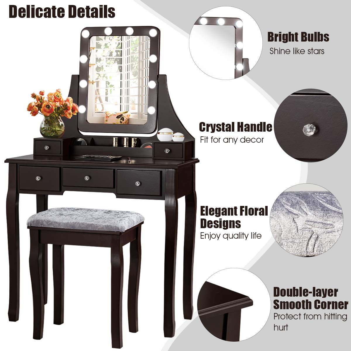 DORTALA Vanity Table Set with 360° Mirror &amp; Cushioned Stool, Makeup Table with 10 LED Dimmable Bulbs, Bedroom Wood Dressing Table with 5 Drawers and Removable Box Organizer, Gift for Females (White)