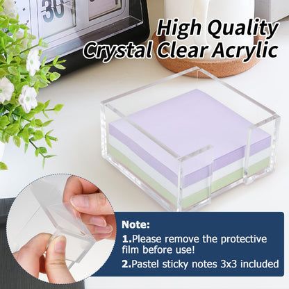Acrylic Sticky Note Holder, 3 x 3 Crystal Clear Acrylic Notepad Holder Acrylic Sticky Note Dispenser for Dorm Room and Office Desk Organizer