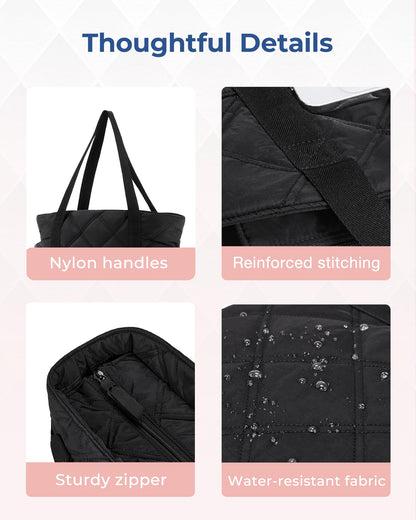BAGSMART Tote Bag for Women, Puffer Tote Bags with Zipper, Travel Essentials Quilted Nurse Bag Carry On Bag Gifts for Women