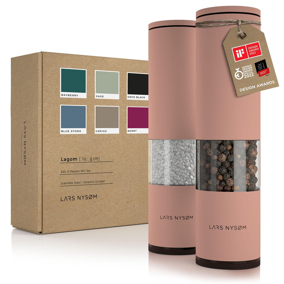 LARS NYSØM Salt and Pepper Mills Set Stainless Steel with Adjustable Ceramic Grinder 2 Pieces I Design Spice Mills Set Manual (Brown/Beige)