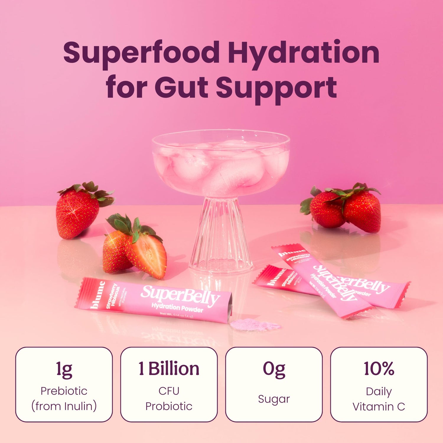 Blume SuperBelly Gut Health Hydration Packets, Sugar-Free, with Prebiotics, Probiotics, Apple Cider Vinegar, and Electrolytes, Strawberry Hibiscus, 15 Sticks