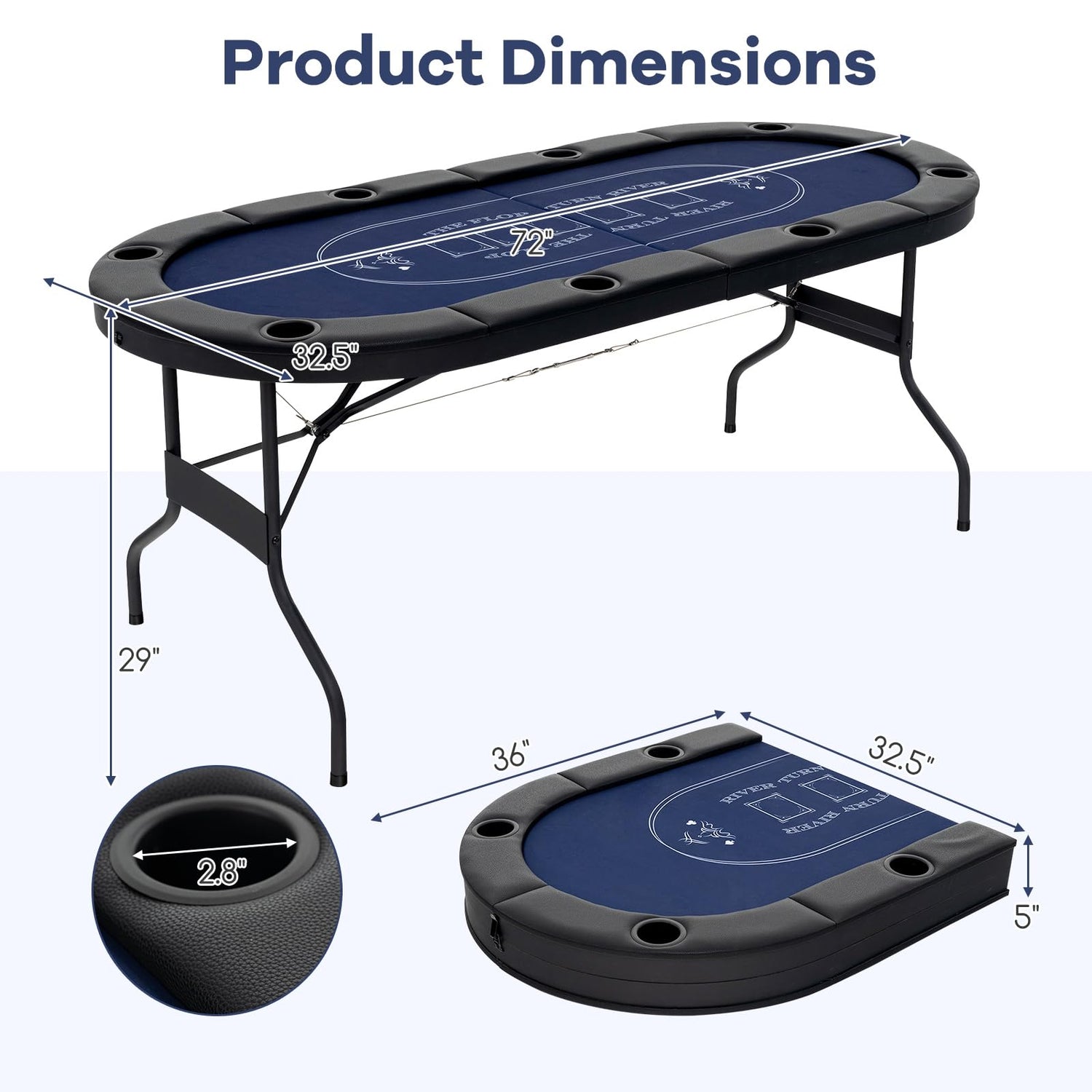 GYMAX Poker Table Foldable, 8-Player Texas Holdem Poker Table with Metal Cup Holders, Casino Grade Felt &amp; Padded Rails, Portable Folding Poker Table for Leisure Game, Homes, Game Rooms (Black)