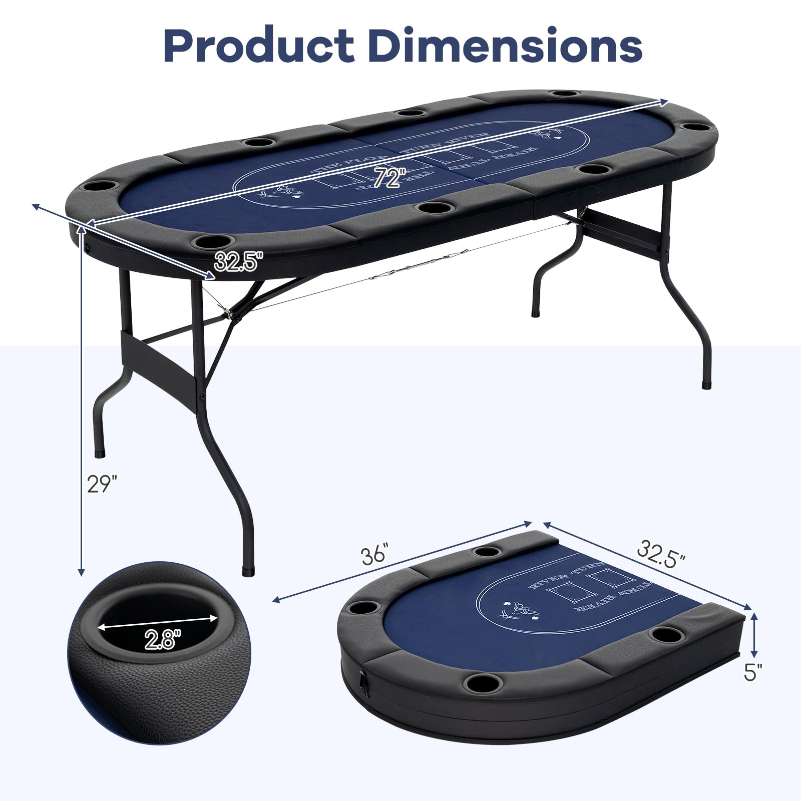 GYMAX Poker Table Foldable, 8-Player Texas Holdem Poker Table with Metal Cup Holders, Casino Grade Felt &amp; Padded Rails, Portable Folding Poker Table for Leisure Game, Homes, Game Rooms (Black)