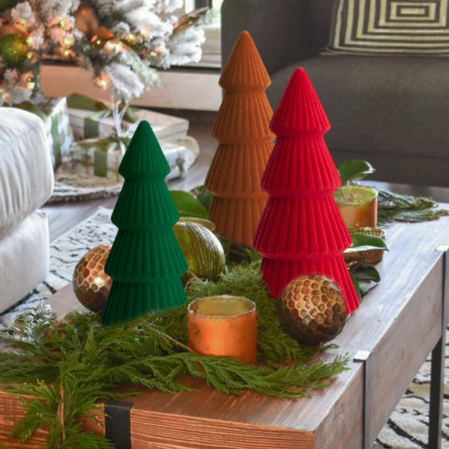 Christmas Decorations Indoor- 3 Pcs Velvet Christmas Tree,Modern Cone Ceramics Christmas Decor Tabletop Winter Home Minimalist for Holiday Entryway Table Mantel Centerpiece(Green)