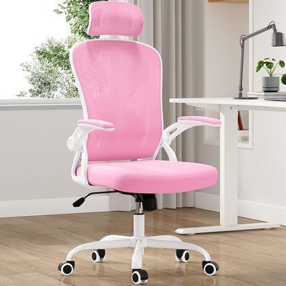 Farini Ergonomic Office Chair, Home Office Desk Chair with Headrest, High Back Computer Chair with Flip-up Armrests and Adjustable Lumbar Support for Home Office Study Bedroom, Khaki.