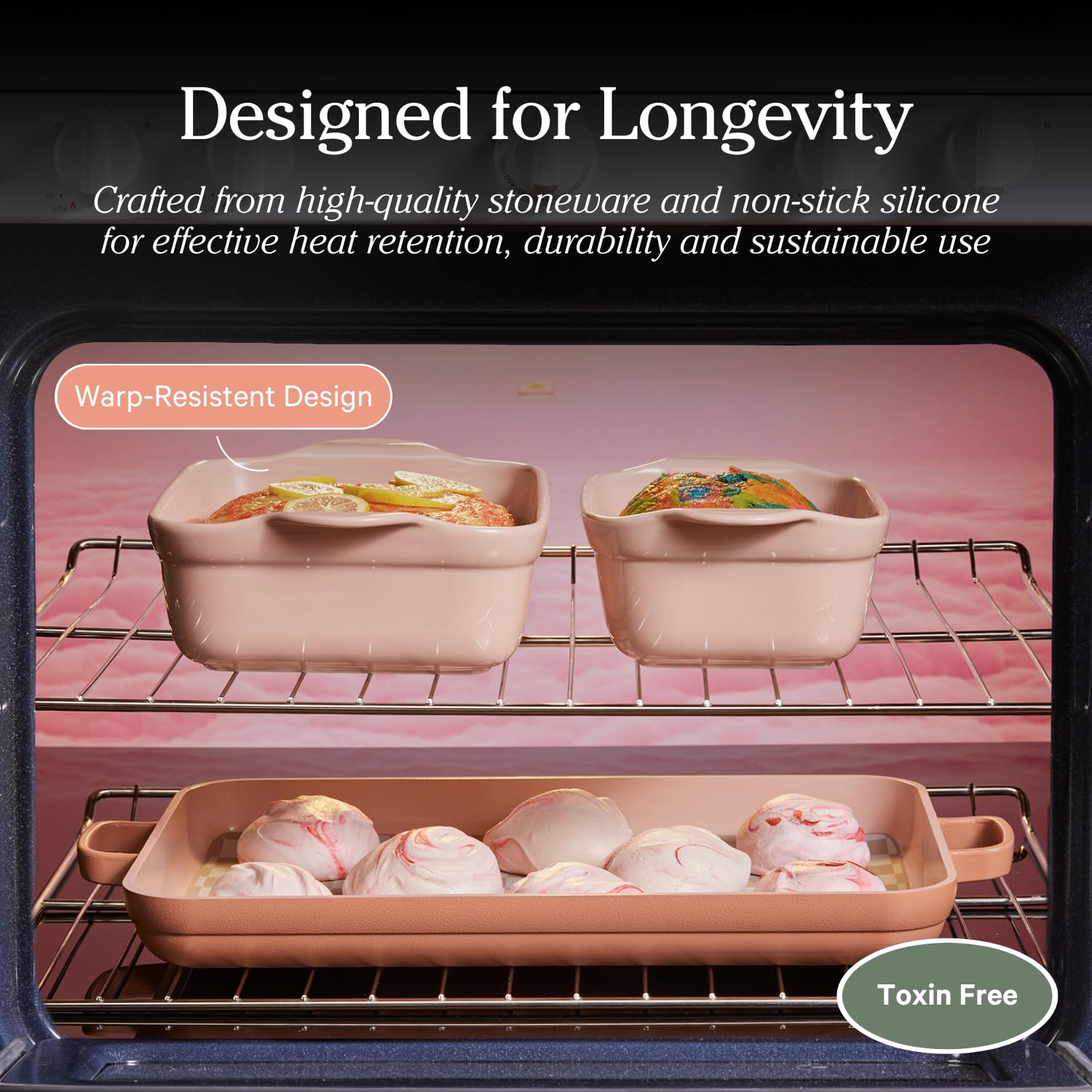 Our Place Bakeware Set | 5-Piece Nonstick, Toxin-Free, Ceramic, Stoneware Set with Oven Pan, Bakers, &amp; Oven Mat | Space-Saving Nesting Design | Oven-Safe | Bake, Roast, Griddle and more | Steam